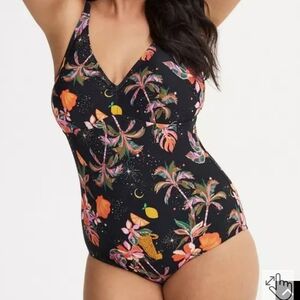 Torrid V-neck Tropicap Floral Black One-Piece Swimsuit